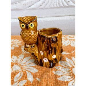 Vintage 1970s Ceramic Owl Toothpick Holder Vase Figurine